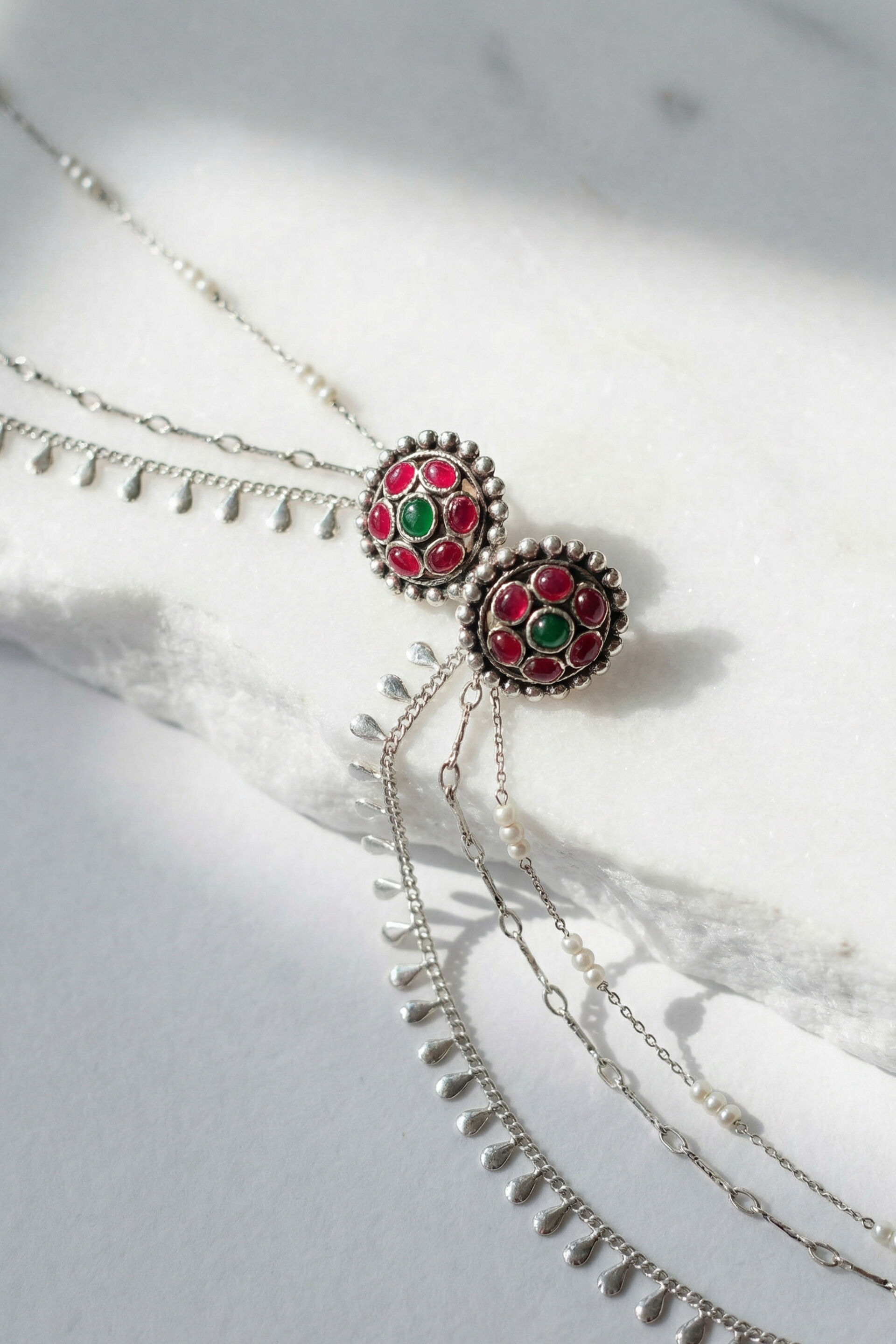 Red & Green Stone Ear Chain Earrings, , image 2